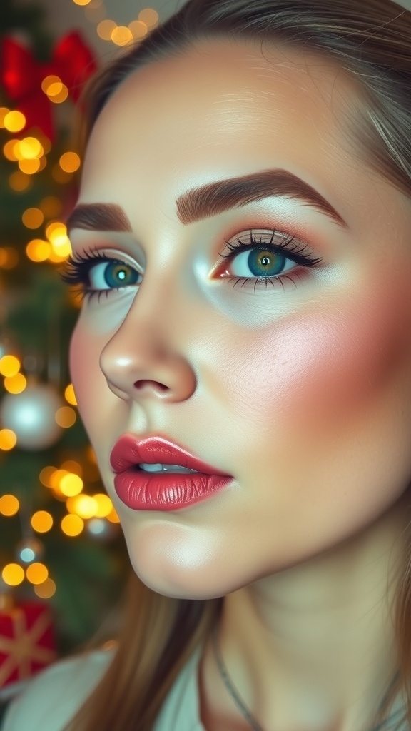 Model with natural Christmas makeup, glowing skin, neutral eyeshadow, and glossy lips against a festive background.
